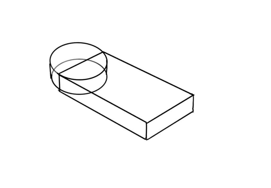 自學畫畫第二步：３個練習教你畫出任何東西 - 不同角度看的話，就是一個扁扁的圓柱體和立方體重疊所組成的，或是你也可以看成一個半圓柱體加上一個立方體。你看到的跟我一樣嗎？